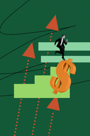 Poster sketch image artwork 3D photo collage of young man suit run up rich wealth bank salary income goal business target analyze successの写真素材