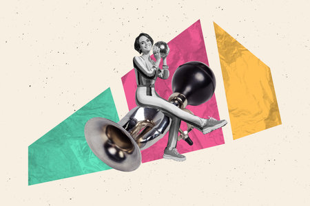 3d sketch poster trend collage image of happy girl hold disco ball flute horn music solo performance...