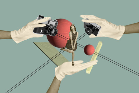 Creative photo poster trend art collage image of happy glamour girl celebrity pose human hands wear gloves photo camera shooting paparazziの写真素材