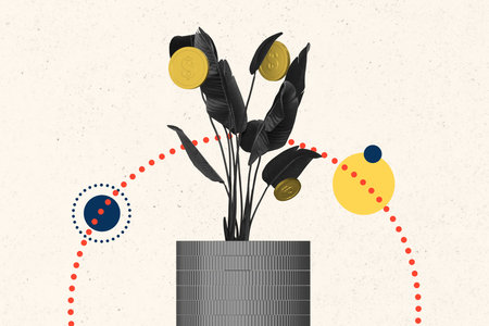 Composite creative art collage of dollar plant botanical flower coin income usd capital success profit isolated on painted backgroundの写真素材