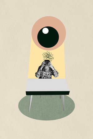 Poster sketch image artwork photo collage of aged woman sit table mess pressure overloaded focus security oversee eyesight vision escapeの写真素材