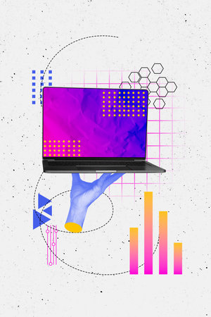 Composite sketch design artwork photo collage of vacancy entrepreneur office hr worker hand hold virtual remote laptop device technologyの写真素材