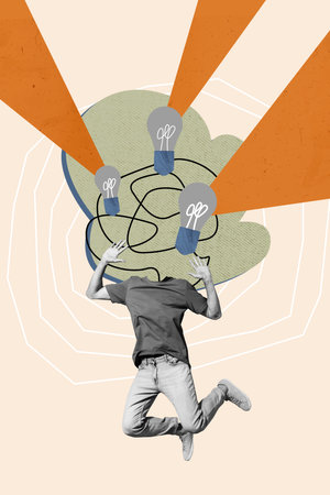 Composite trend artwork sketch image 3D photo collage of headless young man jump think mind cloud idea lamp bulb creative smart studentの写真素材
