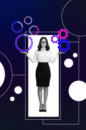 Vertical art creative trend collage of happy employee girl show gearwheel settings success development optimization progressの写真素材