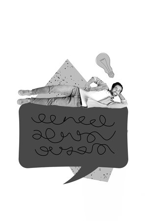 Vertical collage image of positive mini black white effect guy lay big dialogue bubble communicate...