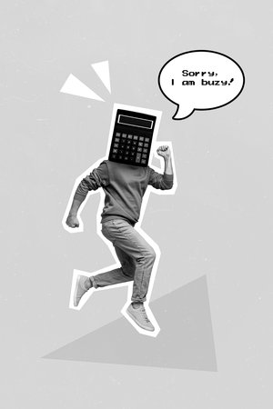 Vertical collage photo of young acoountant mathematics economist calculator head running say much business isolated on beige color backgroundの写真素材