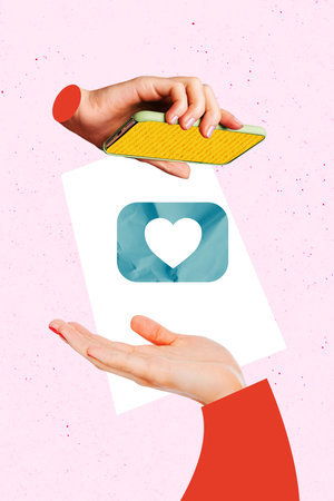 Composite trend artwork sketch image photo collage of caricature anonym hands sleeve hold smartphone...