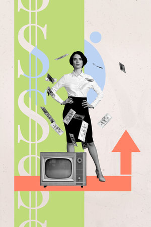 Trend artwork poster composite sketch image collage of salary savings investment market budget young woman stand arrow retro tv dollar flyの写真素材