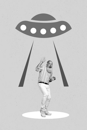 Creative artwork photo collage surrealism absurd fly ufo spacecraft kidnapping old funny grandfather...