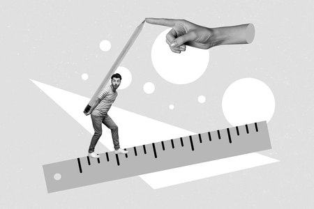 Creative collage image of mini black white effect guy walk ruler hold carry huge pencil arm finger touch isolated on painted backgroundの写真素材
