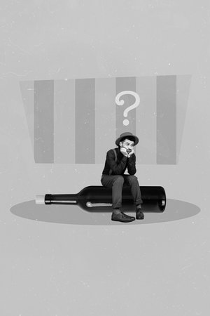 Vertical collage of sad depressed guy sitting glass alcohol empty bottle questioned dont know what do without drink isolated on green backgroundの写真素材