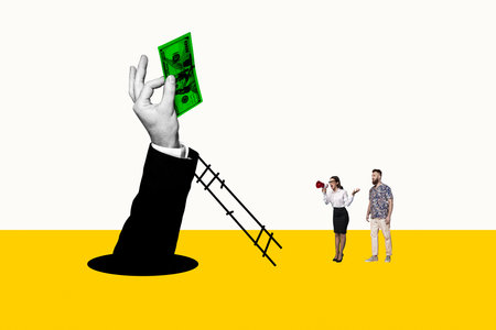 Creative collage picture hand body fragment hold banknote cash currency dollar ladder business deal...