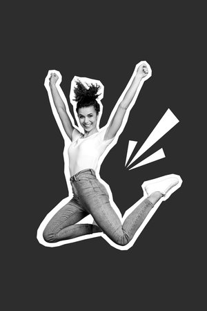 Creative photo collage of youngster attractive energetic lady jumping celebrating summer season sale...