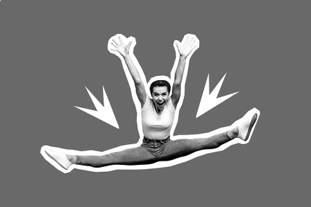 Composite collage photo of youngster active lady jumping stretching showing physical workout flexibility hands up isolated on orange backgroundの写真素材