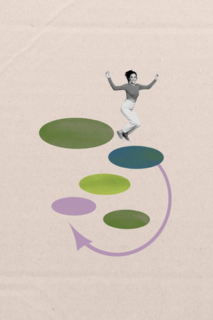 Vertical sketch 3d artwork collage poster of happy girl jump chatterbox icon arrow point communication concept bubble speechの写真素材