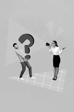 3d retro abstract creative collage artwork template of bossy lady screaming bullhorn questioned guy isolated painting backgroundの写真素材