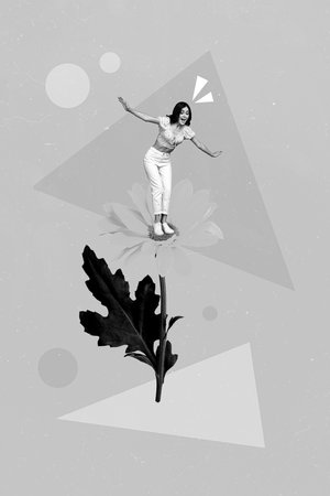 Vertical collage illustration of little black white gamma girl standing balancing big yellow flower...