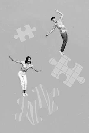 Artwork magazine collage picture of funny funky lady guy walking jumping jigsaw elements isolated drawing backgroundの写真素材