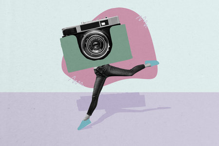 Creative picture collage headless woman dance ballerina step camera shooting device photographer zoom capture paparazzi hobbyの写真素材