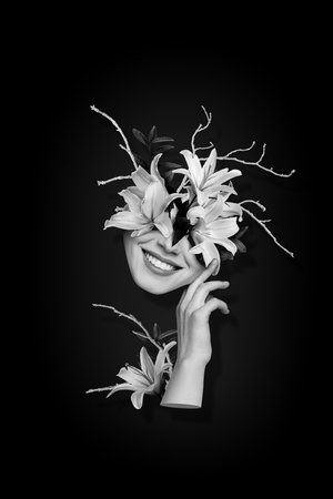 Banner poster collage of nature goddess weird lady have garden lily flowers tree branch on dark green color backgroundの写真素材