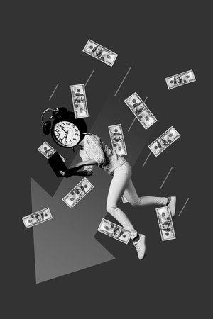 Creative photo 3d collage artwork poster postcard of successful worker hurry up work make money salary isolated on painting backgroundの写真素材