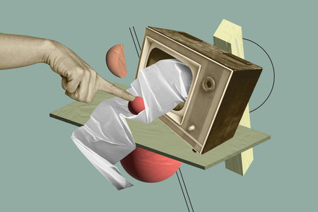 Creative photo poster trend art collage image of hands point broke old-fashioned television device screen broadcast narrative fake newsの写真素材