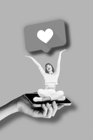 Creative photo 3d collage artwork poster postcard of young girl sitting telephone menu rejoice popular blog isolated on painting backgroundの写真素材