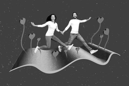 Creative collage image of two overjoyed positive people black white effect hold arms running growing heart flowers isolated on purple backgroundの写真素材