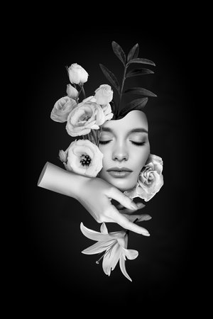 Template collage of mysterious glamorous lady with garden flowers touch face beauty concept for soft body careの写真素材