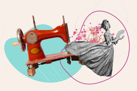 Creative art trend banner collage of happy duchess girl hold fan flowers bloom tailor machine atelier hobby textile dress rococoの写真素材