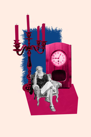 Vertical sketch 3d artwork collage poster of puzzled greek julius man king sit throne deadline time limit prehistoric era candlestickの写真素材
