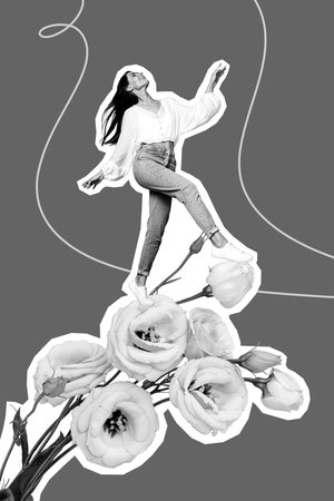 Vertical collage picture of cheerful lovely black white colors girl walk huge fresh rose flower isolated on painted blue backgroundの写真素材