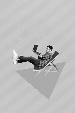 Creative retro 3d magazine collage image of guy distance working modern gadget isolated painting backgroundの写真素材