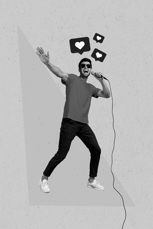 Exclusive magazine picture sketch collage image of happy smiling guy getting singing feedback...