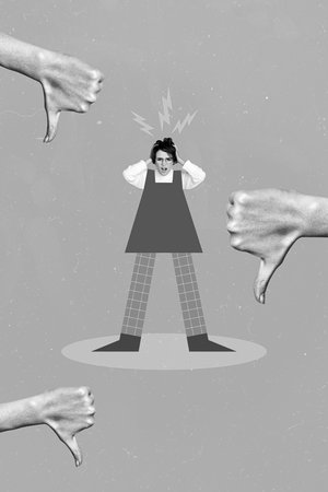 Photo collage cartoon comics sketch picture of sad upset lady getting dislikes isolated drawing backgroundの写真素材