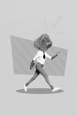 Creative artwork headless caricature manager woman overworked rock head exhausted stressed walking with laptop isolated on blue backgroundの写真素材