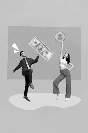 Vertical collage picture of two excited black white colors people hands hold dollar banknote bill coin isolated on creative backgroundの写真素材