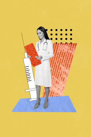 Vertical sketch 3d collage poster of happy doctor girl show covid prevention vaccine syringe blister medicine healthcareの写真素材