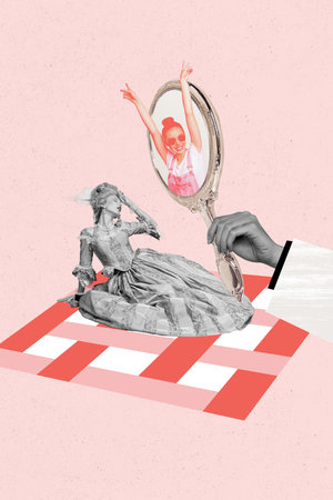 Poster sketch image artwork 3D photo collage of hand hold mirror twin appear young lady sit rococo corset powdered wig vintage accessoryの写真素材
