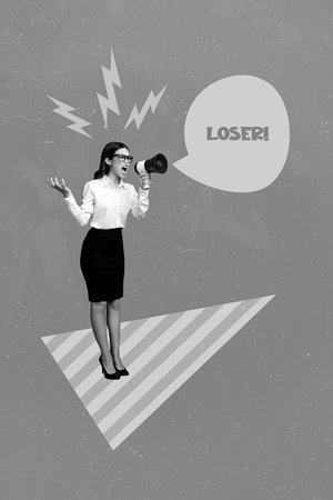 Collage 3d image of pinup pop retro sketch of aggressive lady boss shouting loser bullhorn isolated painting backgroundの写真素材