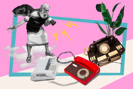 Exclusive poster art collage of angry man zeus scream megaphone telephone device handset call center operator worker pressureの写真素材