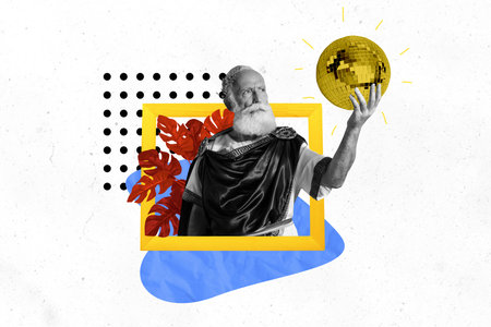 Trend artwork composite banner photo collage of aged man hand hold discoball entertainment weekend...