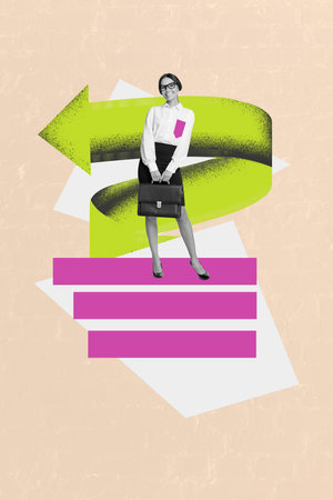 Composite image montage trend artwork collage of charts graphics business trader success job human arrow show direction young lady standの写真素材