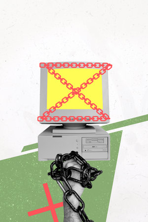 Vertical photo collage of hand show fist gesture chain trap pc monitor inaccessible protection virus...