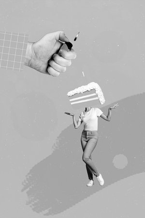 Creative retro 3d magazine collage image of arm firing lady birthday pie instead of head isolated painting backgroundの写真素材