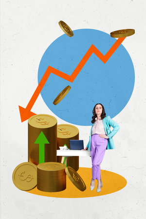 3D collage design composite trend artwork sketch of cash budget market trade currency business charts graphics goal aged woman stand arrowの写真素材