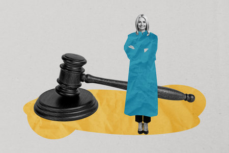 Creative photo collage trend artwork template of entrepreneur human resources aged woman stand wear judge uniform hammer lawyer governmentの写真素材