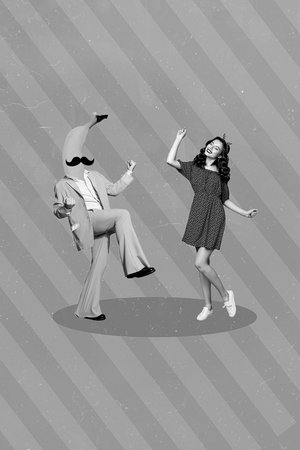 Creative abstract collage template graphics image of funky funny lady dancing banana head guy isolated drawing backgroundの写真素材