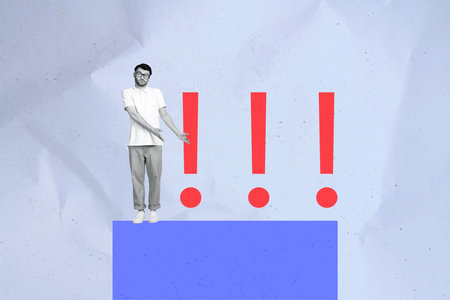 Template sketch trend artwork 3D photo collage of young man stand hand show exclamation symbol...
