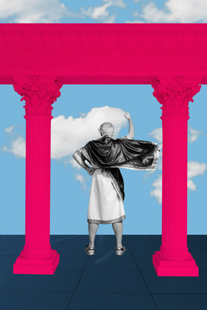 Vertical sketch 3d artwork collage poster of anonym man athens king emperor look arch sky show hand fist gesture power wear tunicの写真素材